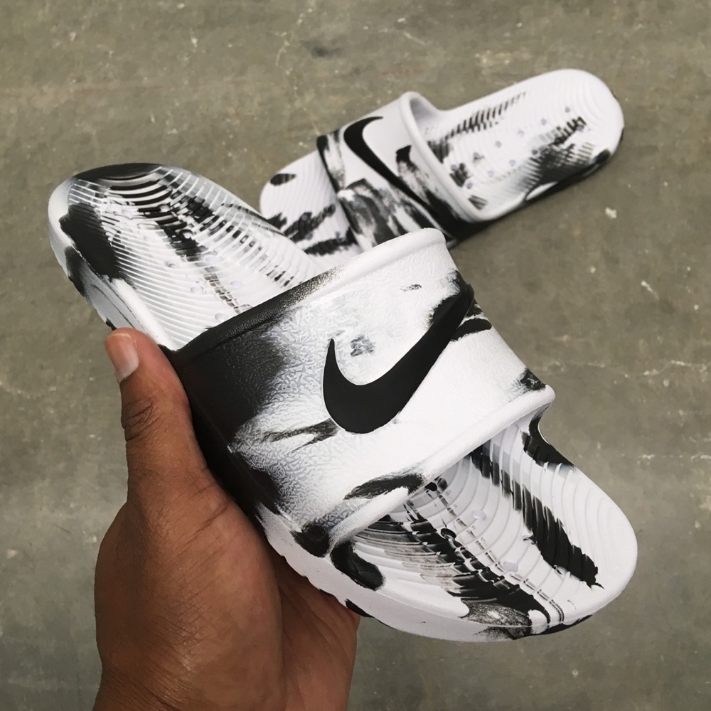 NIKE KAWA SHOWER SANDALS SWOOSH BLK WHI MARBLE